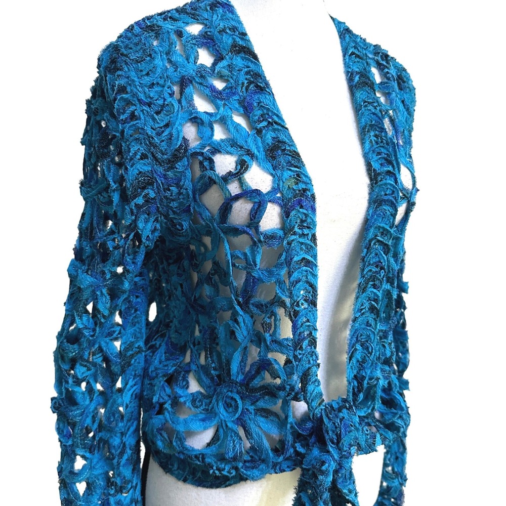 Chico's Silk Jacket Sz 0 S Talula Flower Bell Open Knit Boho Mermaidcore Artsy - Picture 3 of 12